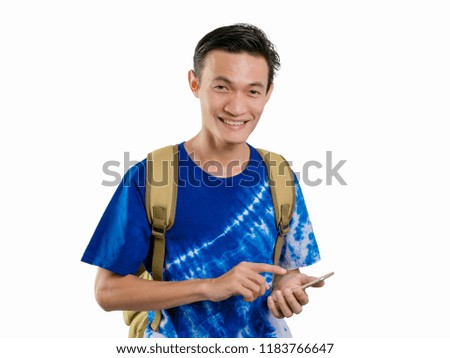 Young man travel backpack using mobile smartphone isolated on white background.
