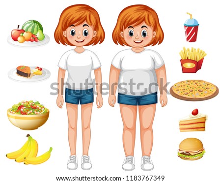Fit and overweight woman with food illustration