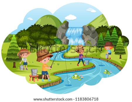 Children fishing at the river illustration