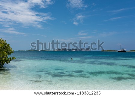 View of Gran Roque island from the beach in Francisky island (Los Roques Archipelago, Venezuela).