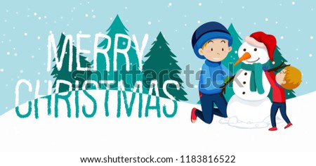Father and son building snowman illustration