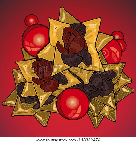 Vector illustration of holiday flower decoration consisting of roses, banners and Christmas balls