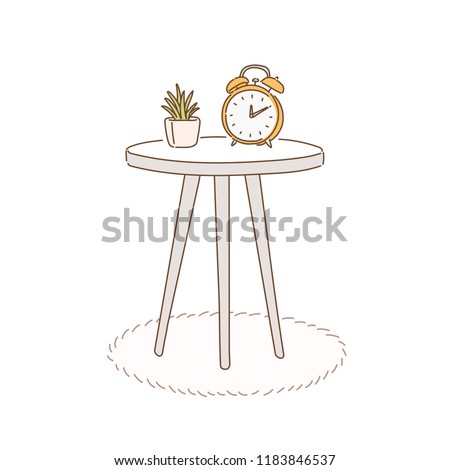 alarm clock and small plant pot on the side table. hand drawn style vector design illustrations.