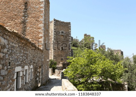 Architectural and historical towers dominating the area at the famous Vatheia village in the Laconian Mani peninsula. Laconia prefecture, Peloponnese, Greece, Europe.