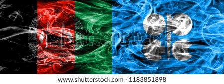 Afghanistan vs OPEC smoke flags placed side by side. Thick colored silky smoke flags of Afghani and OPEC