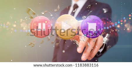 View of a Man holding a Music button and notes playing  3d rendering