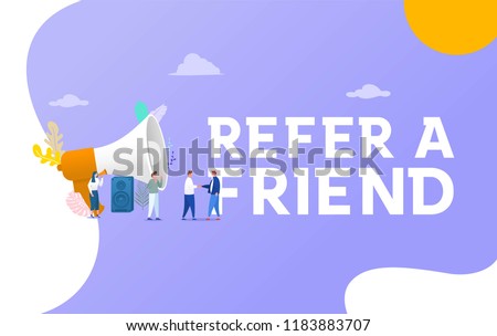people shout on megaphone with Refer a friend word concept vector illustration with character hand shake, landing page, template, ui, web, mobile app, poster, banner, flyer Royalty-Free Stock Photo #1183883707