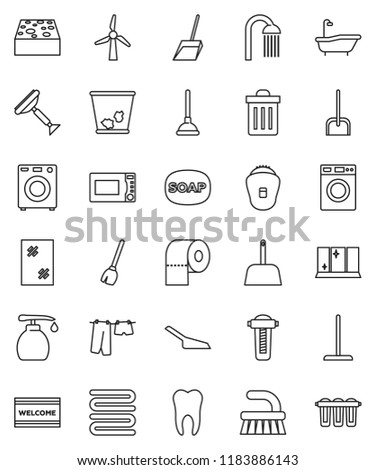 thin line vector icon set - soap vector, plunger, scraper, broom, fetlock, mop, scoop, sponge, trash bin, window cleaning, welcome mat, bath, drying clothes, washer, liquid, shining, toilet paper