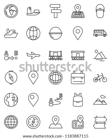 thin line vector icon set - camping cauldron vector, backpack, compass, school bus, world, bike, navigator, earth, map pin, Railway carriage, plane, ship, route, globe, mountain, signpost