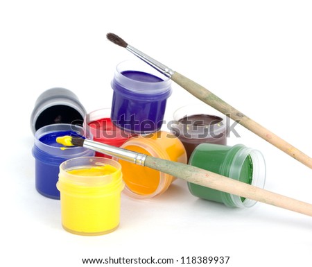 gouache and brush isolated on white background