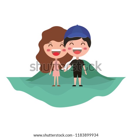 cartoon happy couple on field kawaii characters