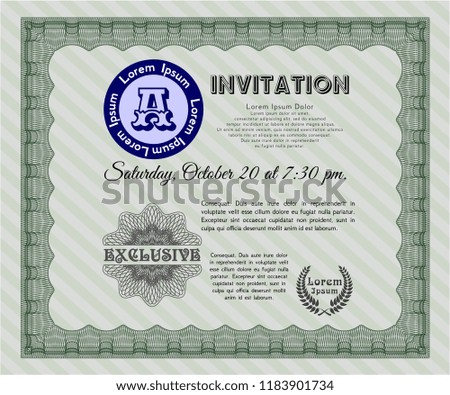 Green Vintage invitation. With linear background. Money style design. Vector illustration. 