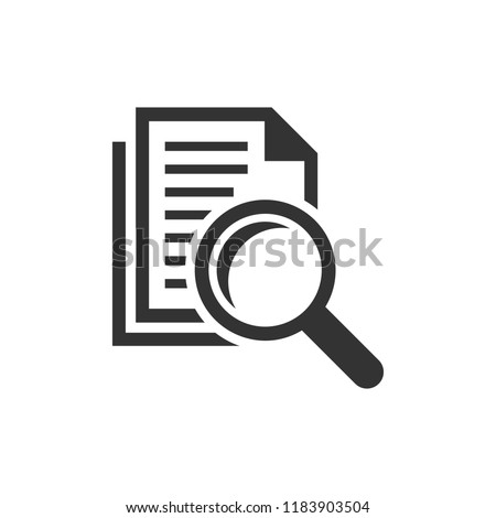 Scrutiny document plan icon in flat style. Review statement vector illustration on white isolated background. Document with magnifier loupe business concept. Royalty-Free Stock Photo #1183903504