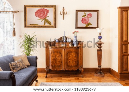Real photo of an antique cabinet with porcelain decorations, paintings with roses and blue sofa in a living room interior Royalty-Free Stock Photo #1183923679