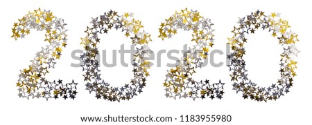 New Year 2020 concept. Text made of golden and silver star shaped confetti isolated on white background with working path.