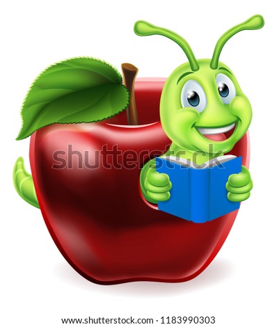 A caterpillar bookworm worm cute cartoon character education mascot reading a book coming out of an apple 