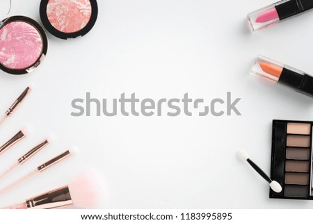 beauty cosmetic make up top view flat lay on white background
