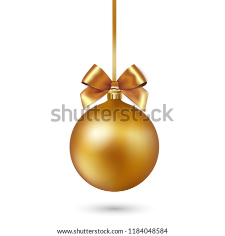 Gold Christmas bauble with ribbon and bow on white background. Vector illustration. Christmas decoration Royalty-Free Stock Photo #1184048584
