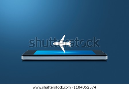 Airplane flat icon on modern smart mobile phone screen over gradient blue background, Business transportation online concept