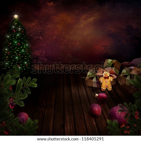 Chritmas design - Night Christmas tree. Background with Glitter Xmas tree in room with art abstract painting. Gingerbread man, Christmas ornaments and Holly. Vintage holiday card with copyspace.