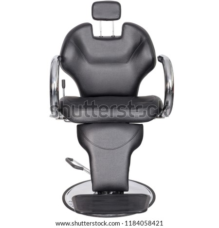 Barber chair, black leather, front view isolated. Barber shop chair. Royalty-Free Stock Photo #1184058421