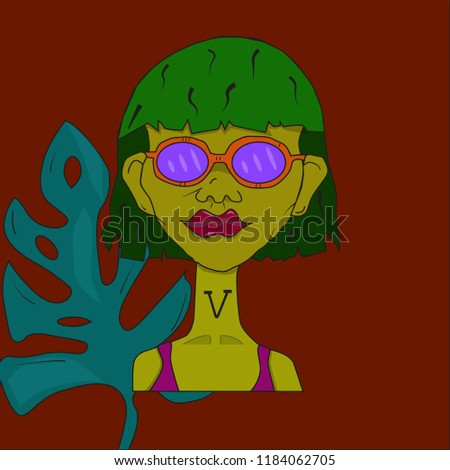 Stylish girl on a background of a plant. Vector illustration in cartoon style