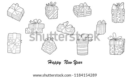 Christmas gift boxes collection vector illustration. Doodle hand-draw style. 