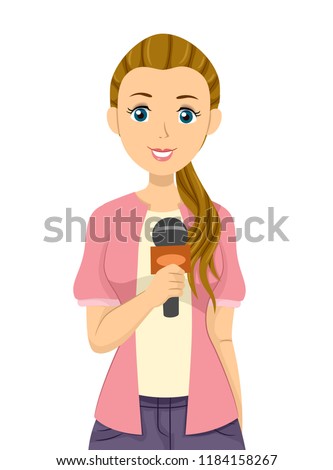 Illustration of a Teenage Girl Reporting Smiling and Holding a Microphone for Interview