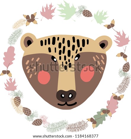 Cute, lovely, pretty and simple animal faces sketch, bear and autumn floral elements. Doodle style icons for kids, perfect for cards and invitations, textile, wallpapers. Clip art vector design.