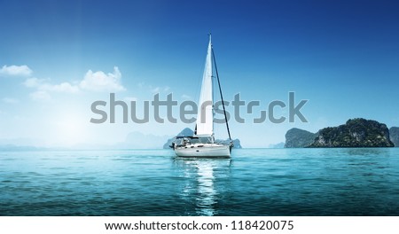 yacht and blue water ocean Royalty-Free Stock Photo #118420075
