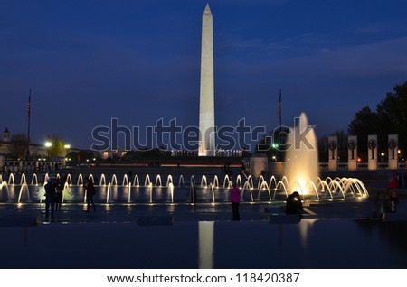 Washington DC, National Mall night scene including World War II Memorial, the Monument and Capitol Building