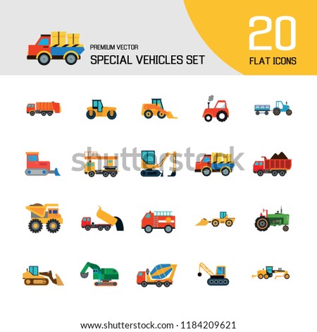 Special vehicles icon set. Skid loader, tractor, industrial elevator. Vehicle concept. Can be used for topics like industry, construction, road building