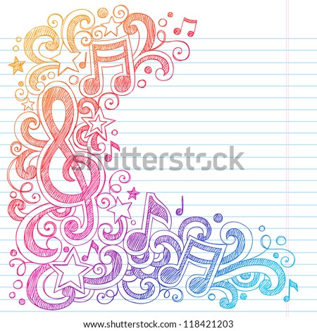 Music Notes G Clef Vector- Back to School Sketchy Notebook Doodles with Music Notes and Swirls- Hand-Drawn Vector Illustration on Lined Sketchbook Paper Background