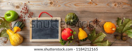 Thanksgiving concept. Colorful pumpkins, fruits and blank blackboard on rustic wooden background, copy space, banner
