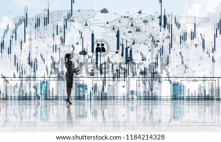 Young businesswoman in suit at balcony against morning cityscape background. 3d rendering