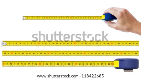 human hand with tape-measure and set of pieces allowing to make any size of tape up to one meter Royalty-Free Stock Photo #118422685