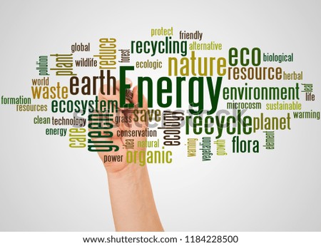 Energy alternative word cloud and hand with marker concept on white background. 