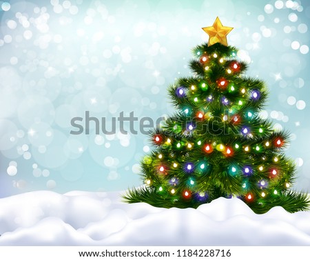 Realistic background with beautiful decorated christmas tree and snow banks vector illustration