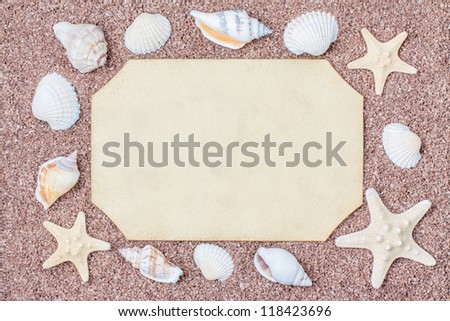 Sand with shell, starfish frame and old paper blank background