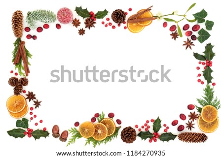 Traditional Christmas and winter flora and food with loose berries forming an abstract background border on white. Gift tag or card for the festive season.