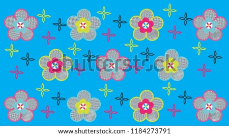 Fabric patterned colorful flowers and shapes on blue background. Vector illustration.