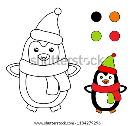 Coloring book for children. Drawing kids activity. Christmas. Penguin. Royalty-Free Stock Photo #1184279296