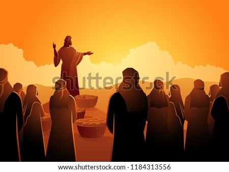 Biblical vector illustration series, Jesus feeds the five thousand or feeding the multitude Royalty-Free Stock Photo #1184313556