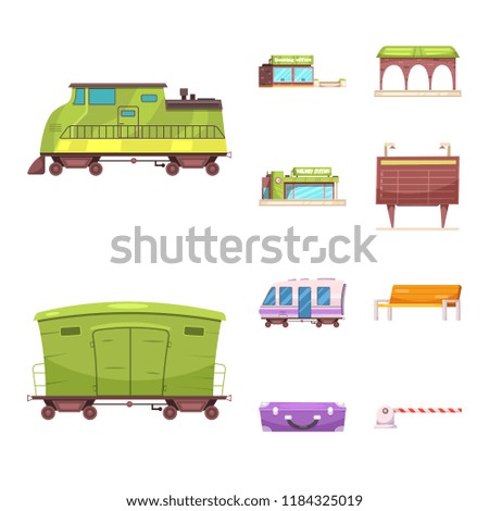 Vector illustration of train and station icon. Set of train and ticket vector icon for stock.