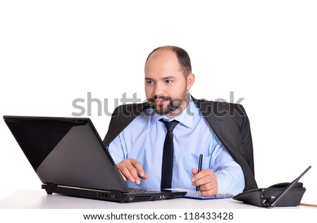 portrait of a beautiful adult businessman with a laptop on a white background