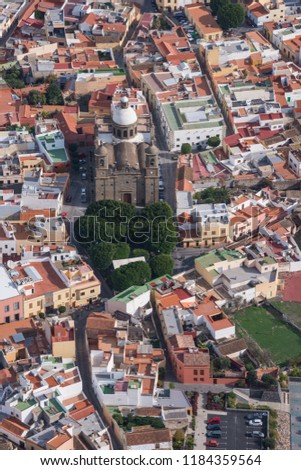 Aerial photograph of the center with the square and church of San Sebastian in the town of Aguimes de Gran Canaria, Canary Islands