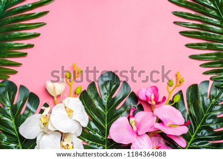 Beautiful floral background of tropical tree leaves monstera and palm, orchid flower with a space for a text, flat lay composition Summer, exotic, travel, paradise, beauty concept Top view Copy space 