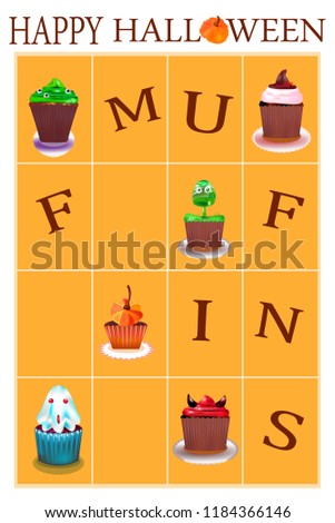 Holiday set of different muffins leaflet. Sweet homemade bakery. Tasty cupcake with chocolate. Celebration of Halloween holiday. Halloween party. Creative vector illustration