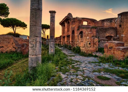 Roman empire sunset street view in archeological excavations of Ancient Ostia - Rome