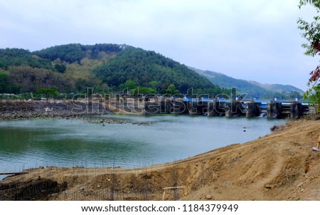 dam named "Bendung Gerak Serayu",  under renovation, located on a  Serayu river, Indonesia